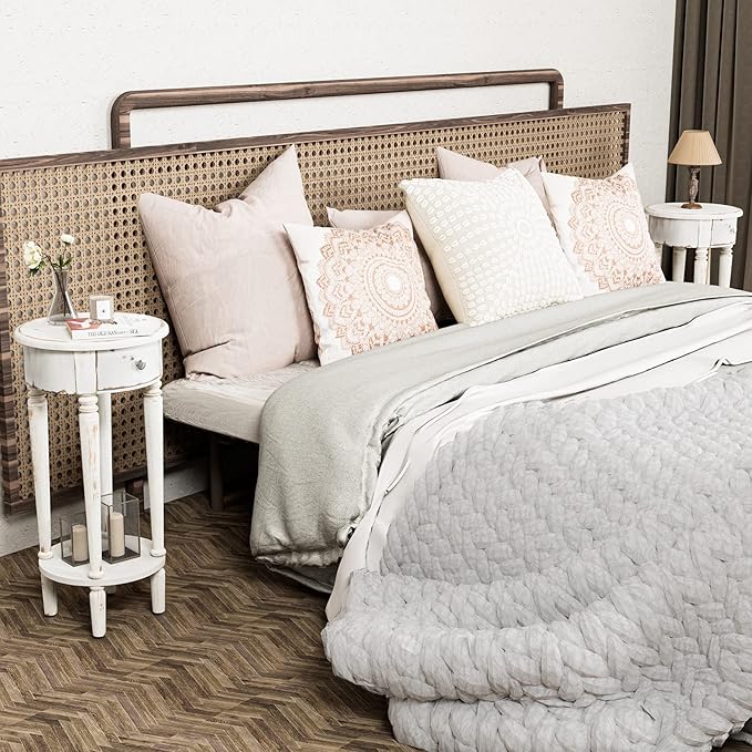 HOMPUS Farmhouse End Table Set of 2, Rustic Vintage Night Stand Set 2, Small White End Table with Drawer, Fully Assembled Narrow Wood Nightstand, Accent Bedside Table for Bedroom, Distressed off-white