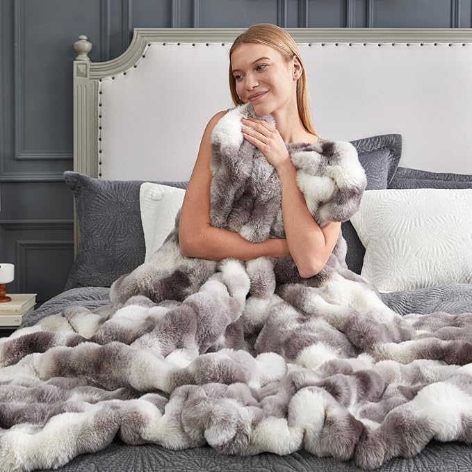 Cozy Bliss Faux Fur Throw Blanket for Couch, Fuzzy Soft Plush Thick Bubble Blanket for Sofa Bedroom Living Room, 50 * 60 Inches Tie-dye Taupe
