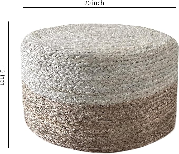 Jute Pouf Ottoman | Footrest Pouf | Hand Braided - Round Boho Pouffe - for Living Room, Bedroom, Nursery (20"x20"x10") Ivory