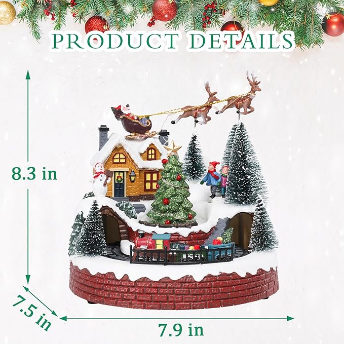 Bdor Christmas Village Tabletop Decoration with Rotating Train, Music and Lights – Lighted Christmas Scene with Santa Sleigh, Tree, and Kids – Battery or Plug Powered