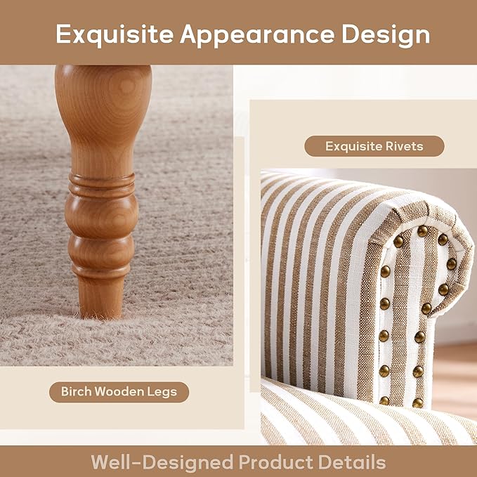 HUIMO Linen Fabric Accent Chair, Mid-Century Modern Armchair with Solid Wood Legs, Single Sofa Chair,Upholstered Reading Club Chair (1, Brown and White Stripe)