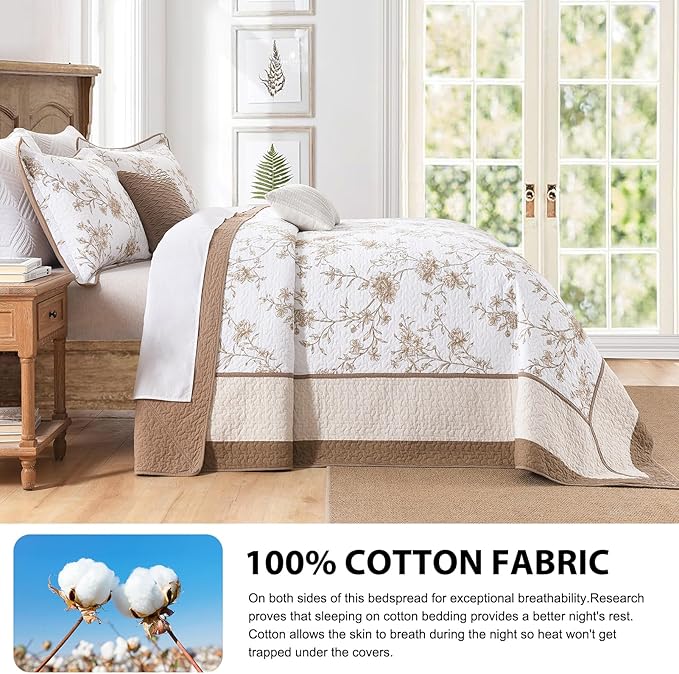 DDUOXIN Botanical Super Oversized King Bedspread - 128 W x120 L Extra Wide 100% Cotton California Quilt, Lightweight Reversible Oversize Bedspreads with 2 Pillow Shams, Brown/Beige/Sugar Swizzle