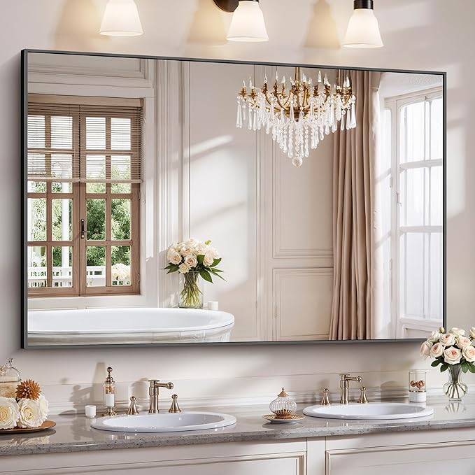 YIROMAN Bathroom Mirror 60"x40", Large Matte Black Bathroom Mirror for Over Sink with Aluminum Frame, Rectangular Vanity Mirror with Right Angle, Wall Mirror Hangs Horizontal or Vertical, Shatterproof