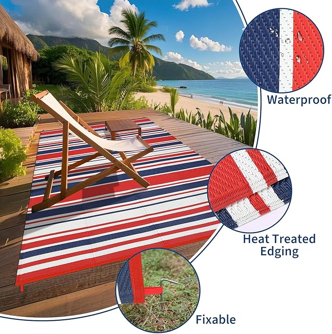 Outdoor Patio Rug 9x12 Stain-Resistant Reversible Camping Mat, Modern Striped Outdoor Plastic Straw Rug, Waterproof Outside Carpet, Easy to Clean for RV, Porch, Deck, Balcony, Red Blue White