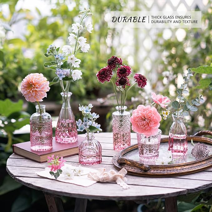 12Pcs Glass Bud Vase Set, Small Flower Vase for Centerpieces, Pink Bud Vases in Bulk, Mini Vintage Vase for Rustic Wedding Decorations