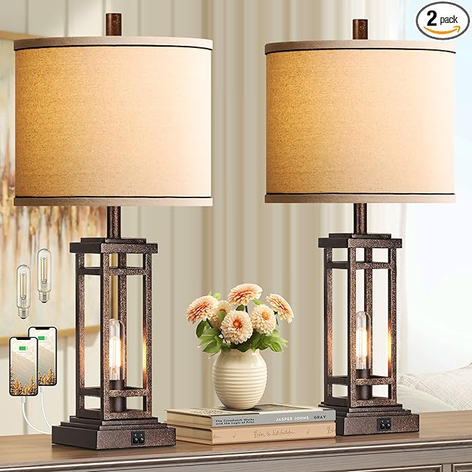 27.5 Tall Farmhouse Table Lamps with USB C + USB A Charge Ports, Rustic Living Room Lamps Set of 2, Black Industrial End Table Lamp for Bedroom Living Room Nightstand (Bronze)