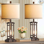 27.5 Tall Farmhouse Table Lamps with USB C + USB A Charge Ports, Rustic Living Room Lamps Set of 2, Black Industrial End Table Lamp for Bedroom Living Room Nightstand (Bronze)