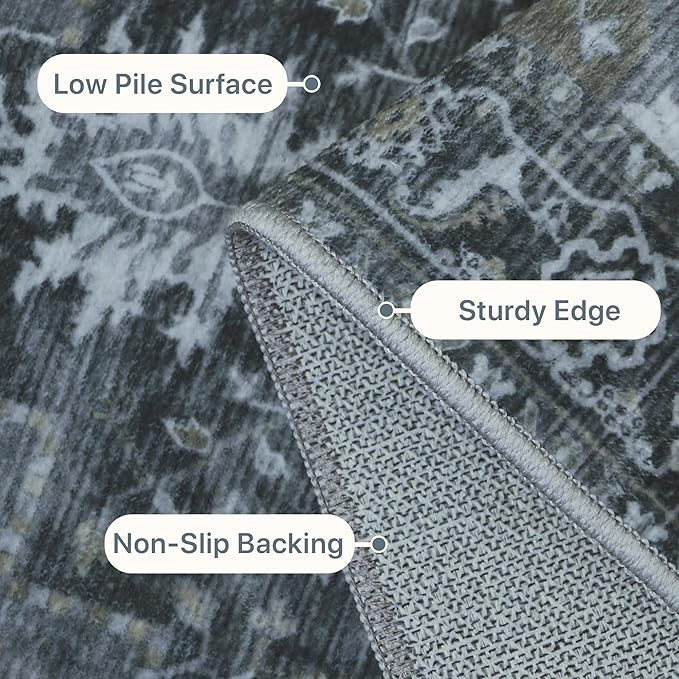GENIMO 10x12 Area Rugs for Living Room, Machine Washable Non Slip Vintage Rugs, Low Pile Lightweight Chenille Print Rug for Bedroom, Dining Room, Home Office,Dark Gray