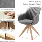 Art Leon Office Chair No Wheels, Mid Century Modern Desk Chair, Swivel Accent Chair with Oak Wood Legs, Faux Leather Upholstered Armchair for Desk, Gray