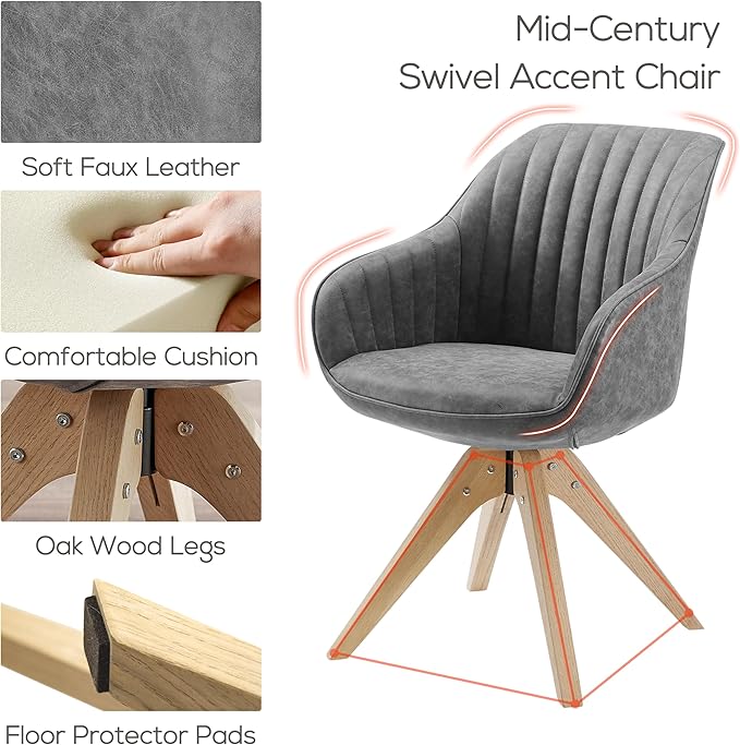 Art Leon Office Chair No Wheels, Mid Century Modern Desk Chair, Swivel Accent Chair with Oak Wood Legs, Faux Leather Upholstered Armchair for Desk, Gray