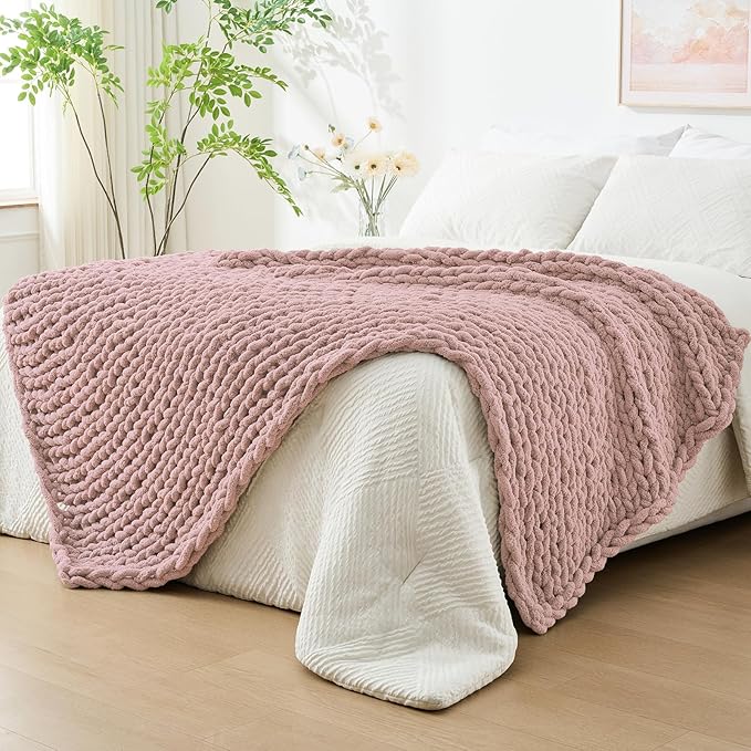 Bigacogo Chunky Knit Throw Blanket for Couch, 60x80 inches, 100% Hand Knitted with Thick Jumbo Chenille Yarn, Cozy Soft Large Rope Knot Cable Crochet Blankets for Sofa Bed Living Room, Dusty Pink