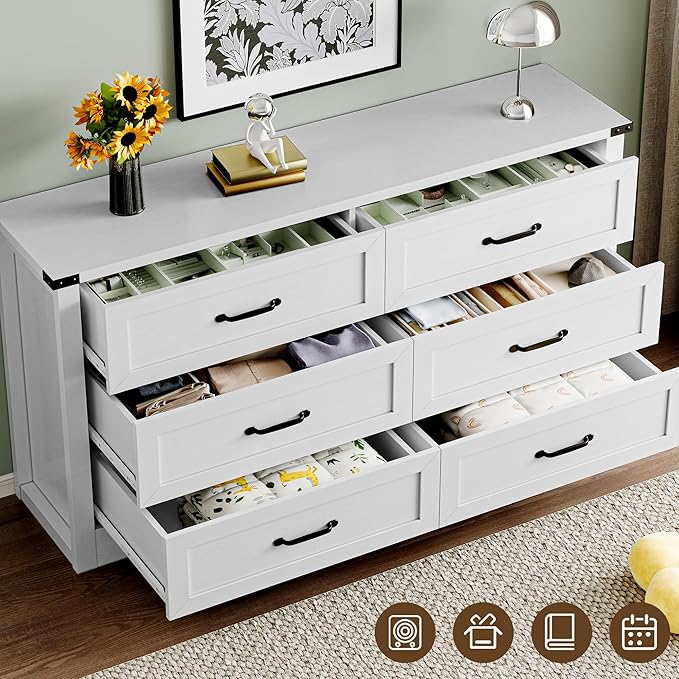 6-Drawer Dresser for Bedroom, Modern Wooden Chest of Drawers with Metal Handles, Anti-Tipping Design, Sturdy and Stable Storage Organizer for Living Room, Entryway, Home Office