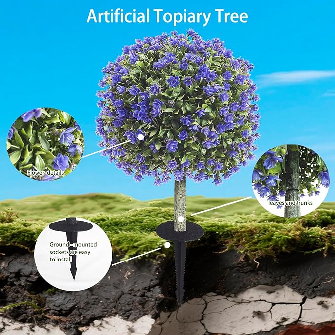 Set of 2 Artificial Boxwood Topiary Ball Trees with Purple Flowers for Outdoor with Ground Spike 29.5", UV Resistant Faux Greenery Shrubs, Fake Plants for Garden, Porch, Patio Valentine's Day Decor