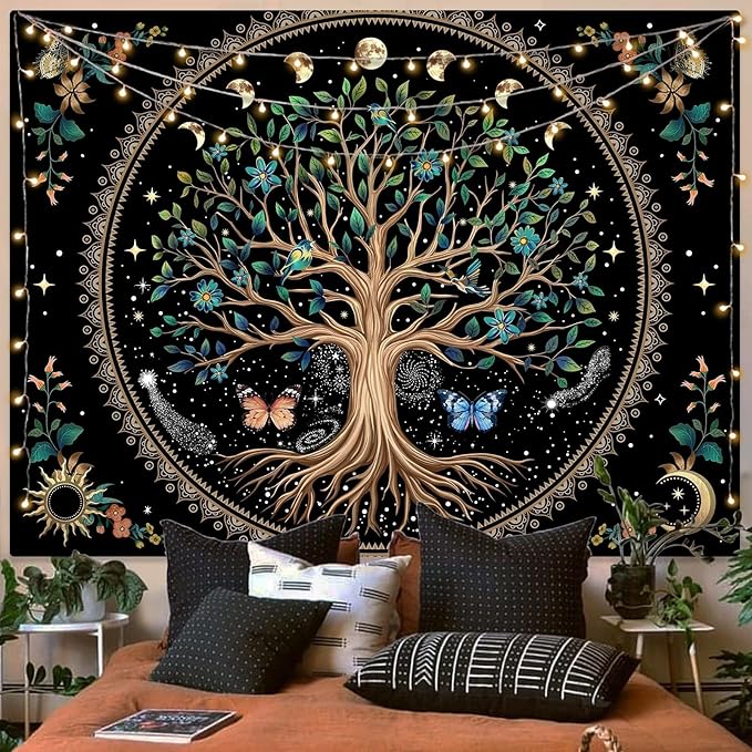 Lunerfex Tree of Life Tapastry Sun and Moon Tapastry Flower Boho Tree Mandala Wall Hanging for Bedroom and Living Room Decor Green Tree 44×60 Inches
