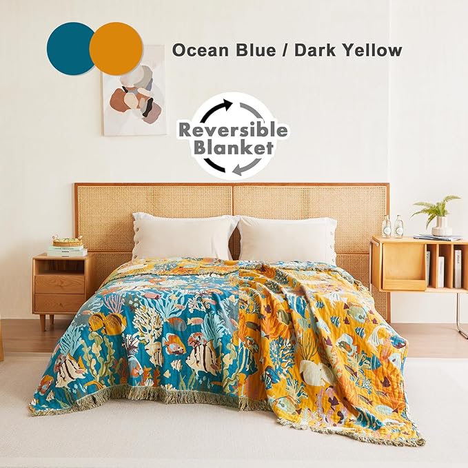 MSGKV Throw Blanket for Couch Cotton Muslin Breathable Cute Ocean Animals Blanket 50"x60" Sofa Chair Blankets for All Seasons Lightweight Farmhouse Blankets Home Decor