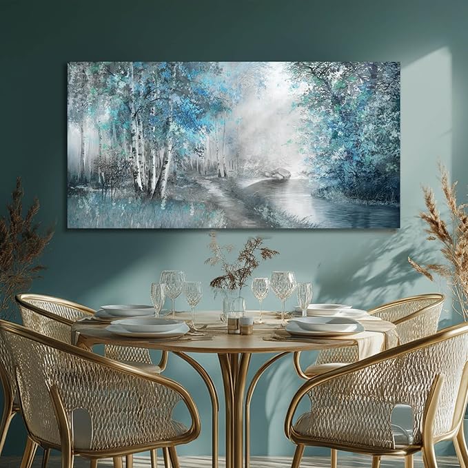 SOUGUAN Landscape Art Posters Blue Pictures Wall Decor Grey Forest Wall Prints Botanical Artwork for Dining Room Bedroom 20"x 40" Contemporary Wall Art