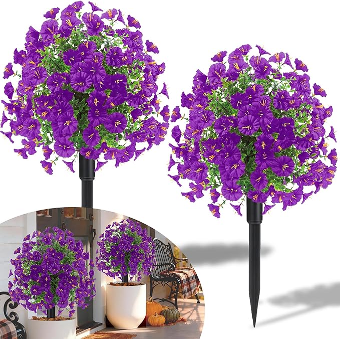 22.8" Set of 2 Fall artificial Boxwood topiary Ball tree for outdoors with Spike,UV Resistant Faux Shrubs Outdoor with morning glory flowers,Faux Plants Bushes for Garden Porch Yard Patio Decor Purple