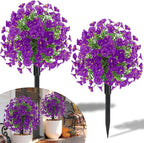 22.8" Set of 2 Fall artificial Boxwood topiary Ball tree for outdoors with Spike,UV Resistant Faux Shrubs Outdoor with morning glory flowers,Faux Plants Bushes for Garden Porch Yard Patio Decor Purple