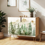 SIGNWIN Sideboard Buffet Cabinet, Kitchen Storage Cabinet with 2 Doors, Pastel Watercolor Mountain Forest, Cupboard Console Table for Dining Room - 35" L x 18" W x 29" H