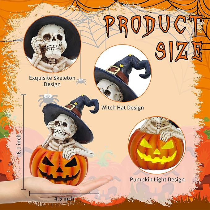 Skeleton Halloween Indoor Decoration: 6.1'' Witch Hat Skeleton Ornament with Solar Pumpkin for Home Fireplace Office Party Perfect Figurine Gift for Gothic Lovers