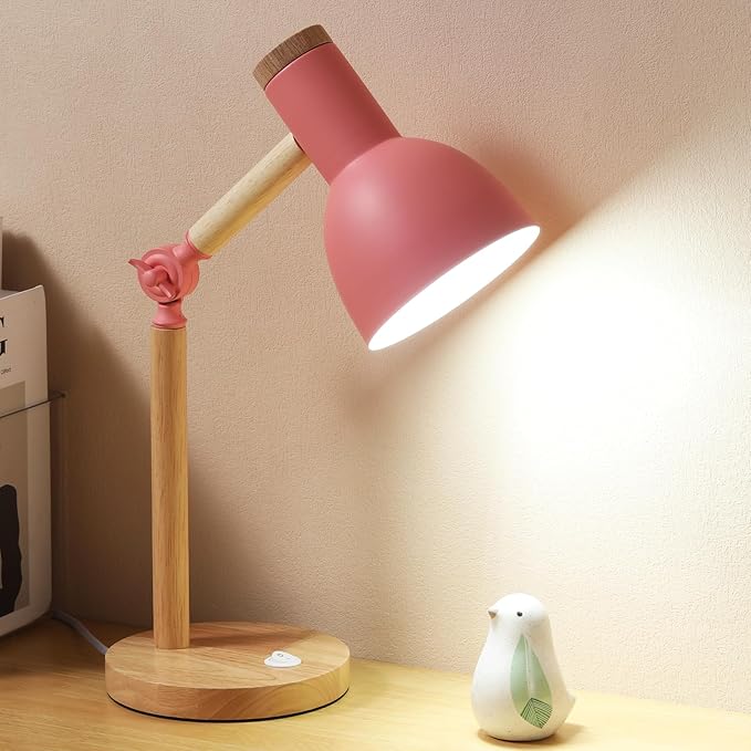 Table Lamp,Wooden Adjustable Tri-Color Desk & Bedside Lamp for Office, Living Room, Bedroom & Kids Room (Pink)
