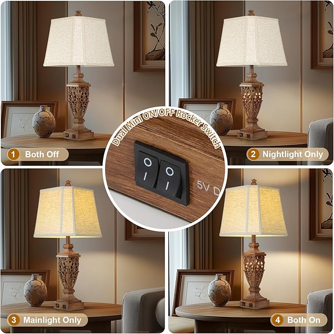 28.5" Vintage Brown Table Lamps Set of 2 With Night Light,Lamps for Living Room With Beige Linen Cut Corner Shade,Nightstands Lamp with USB A+C Port for Bedrooms,Bedside,Office,Hotel(Bulb Included)