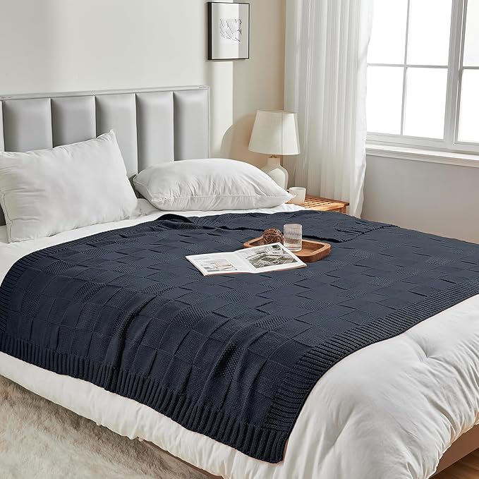 CozeCube Check Knit Throw Blanket, Midnight Navy Checkered Throw for Couch, Decorative Christmas Soft Cozy Warm Knitted Blanket for Bed Sofa Living Room, 60"X80"