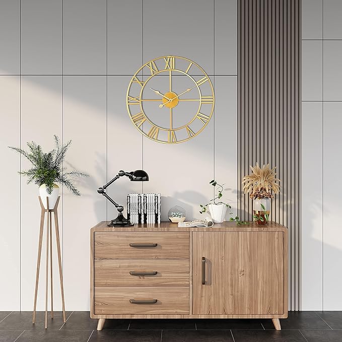 Vintage Retro Roman Numerals Metal Gold Large Wall Clock - 24 Inch Silent Non-Ticking Decorative, Battery Operated for Farmhouse, Kitchen, Bedroom