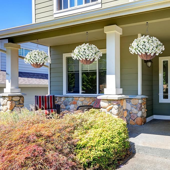 Ivydale Artificial Fake Hanging Flowers Plants Baskets for Outdoor Spring Summer Decoration, Faux Silk White Morning Glory Look Real UV Resistant for Outside Porch Patio Balcony Yard Front Door Garden