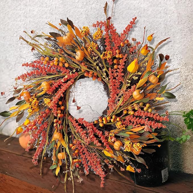 WANNA-CUL 24 inch Fall Wreath Decor for Front Door with Pumpkins, Hawthorn,Grain,Lantern Fruit,Berries,Eucalyptus Leaves, Large Harvest Door Wreath for Autumn or Thanksgiving Decoration