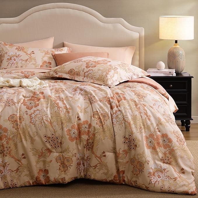 King Comforter Set -7 Pieces Terrecotta Floral Comforter Set for All Seasons, Bed in a Bag King with Botanical Flowers Comforter, Sheets, Pillowcases & Shams