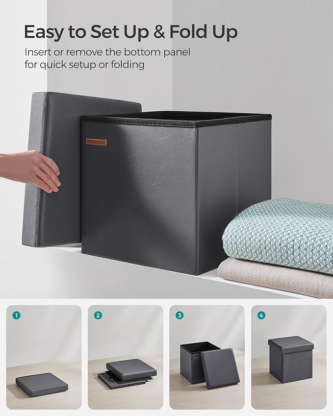 SONGMICS Mazie Collection - 15 Inches Ottoman with Storage, Footstool, Storage Ottoman, Load 660 lb, for Dorm, Living Room, Bedroom, Synthetic Leather, Dark Gray ULSF010G01