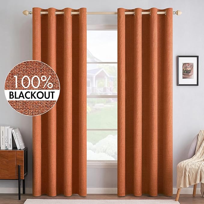 MIULEE Linen Curtains for Bedroom 100% Blackout Thermal Insulated Orange Grommet Room Darkening Curtains & Drapes Fall Decor for Living Room Nursery 52 x 90 Inch (2 Panels)