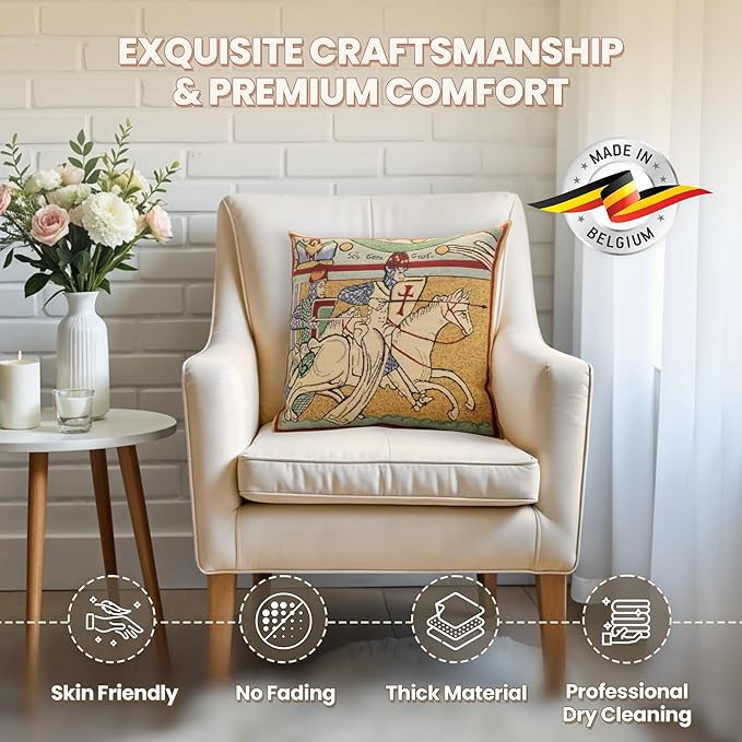 Charlotte Home Furnishings Chevaliers de St.Gregoire Throw Pillow Cover 16" x 16" – Medieval Knight Tapestry Cushion Case for Sofa, Couch, & Bed | Cotton Jacquard Woven in Europe | Insert Not Included