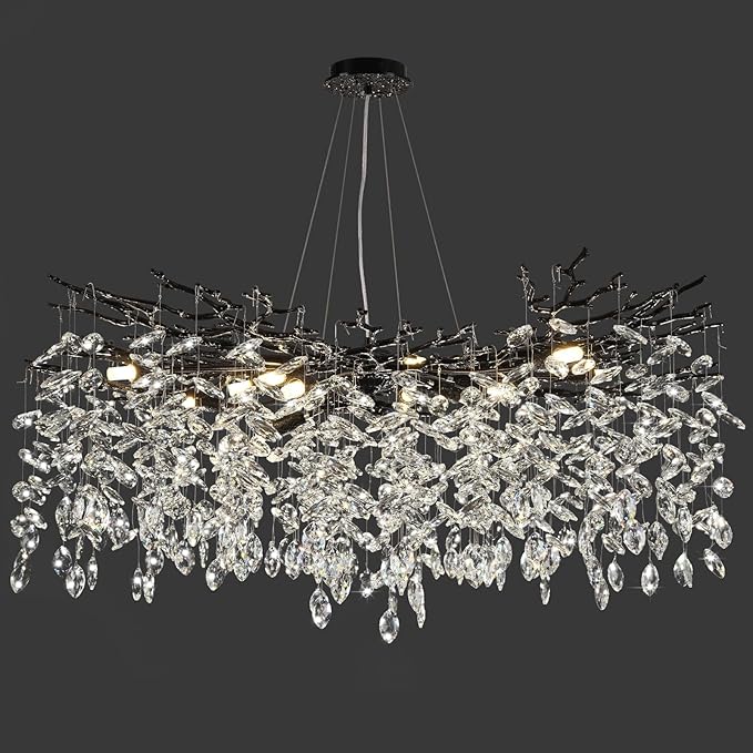 Modern Black Crystal Tree Branch Chandelier,14-Light 40" Black K9 Crystal Chandeliers for Living Room, Round Chandelier for Dining Room,High Ceiling,Kitchen Island,Foyer,Staircase