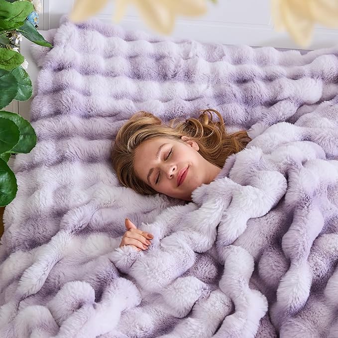 Lotus Karen Faux Fur Throw Blanket Tie-Dye Purple - Big Bubble Rabbit Fluff Blanket for Couch,Small Fluffy Fuzzy Cozy Blanket,Thick Furry Plush Shaggy Blankets,60x80 Inches