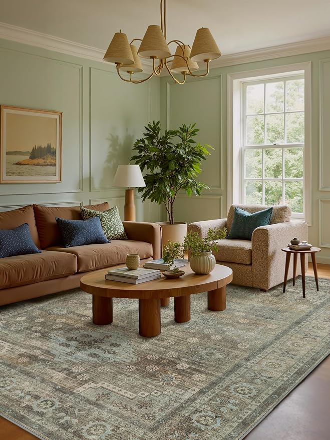 Area Rugs 9x12 for Living Room Bedroom, Modern Boho Machine Washable Large Distressed Light Greyish Sage Green Rug, Low Pile Floor Carpet with Non Slip Backing for Dining Room