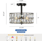 Modern Crystal Pendant Light Fixture Farmhouse Round Semi Flush Mount Ceiling Lights, Drum Shade 3LT Ceiling Lamp for Kitchen Island Dinning Room Bedroom, Hallway Black Finish