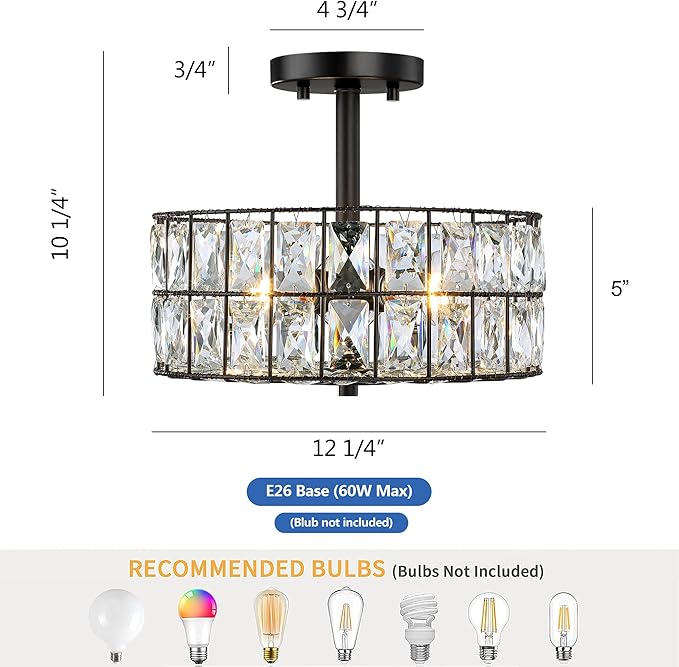Modern Crystal Pendant Light Fixture Farmhouse Round Semi Flush Mount Ceiling Lights, Drum Shade 3LT Ceiling Lamp for Kitchen Island Dinning Room Bedroom, Hallway Black Finish