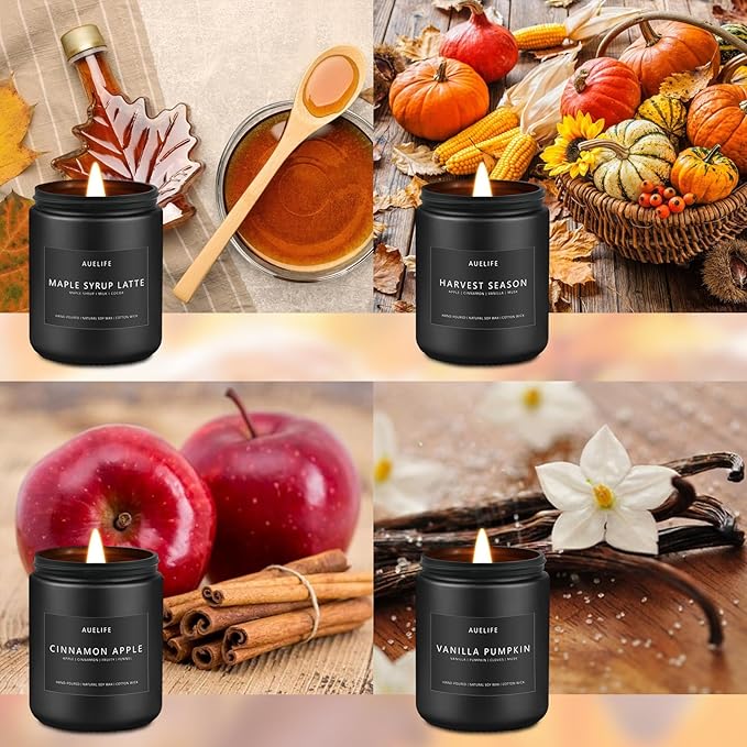Fall Candle Set | 4 Pack Scented Candles - Autumn Soy Candles for Home Scented, Aromatherapy Gifts for Women, Thanksgiving & Fall Decor - Pumpkin, Apple, Latte & Harvest Scents