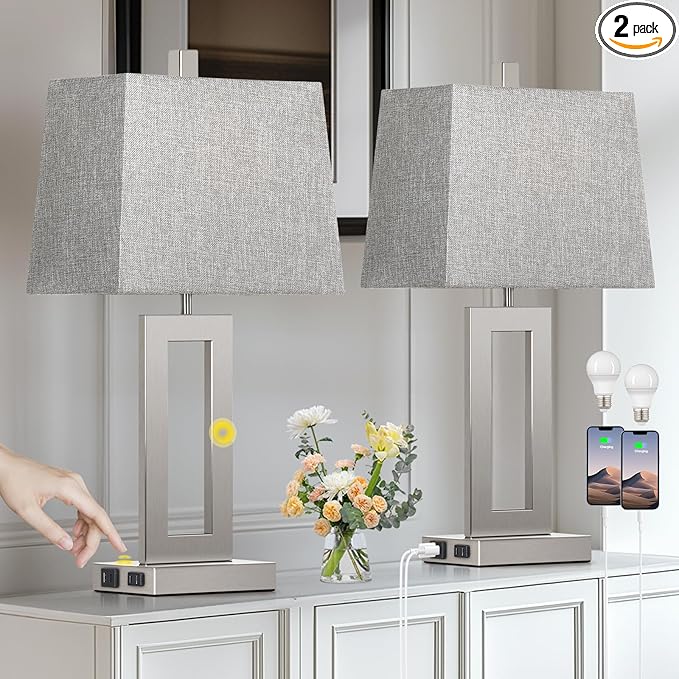 Touch Control Table Lamp Set of 2, Modern Silver Bedside Lamps with USB C+A Ports & AC Outlet, 3 Way Dimmable Bedroom Lamps for Night Stands Bedroom Living Room,Nightstand Lamp