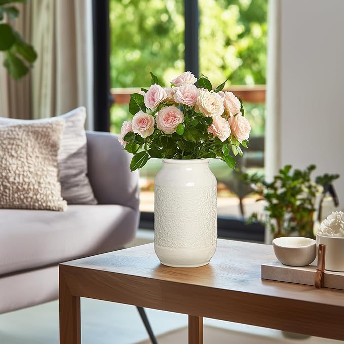 White Ceramic Vase for Flowers, 9 Inch Modern Decorative Vase for Home Decor, Centerpieces, Table, Living Room, Bathroom, Kitchen, Jarrones Decorativos para Sala
