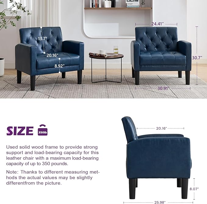 TYBOATLE Accent Chair Comfy Living Room Chair Leather Tufted Mid Century Modern Accent Chair, Small Cozy Reading Arm Chair for Office, Bedroom (1, Blue)