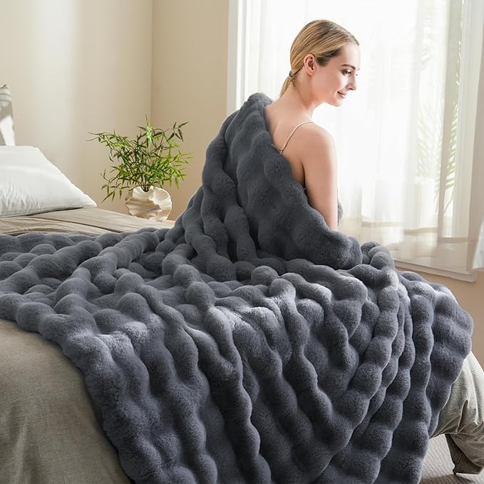 BENVWE Faux Fur Throw Blanket for Couch – Cozy Fuzzy Soft Plush Fluffy Thick Luxury Minky Bubble Blanket for Living Room Home Decor – Fathers Day Birthday Gifts for Women and Men, Grey, 51" x 63"