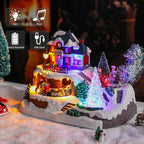 VCUTEKA Christmas Village Houses, Rotating Train with Crystal Tree and Peoples Lighted Musical Christmas Village Collectible Building for Xmas Indoor Decorations or Holiday Table Displays