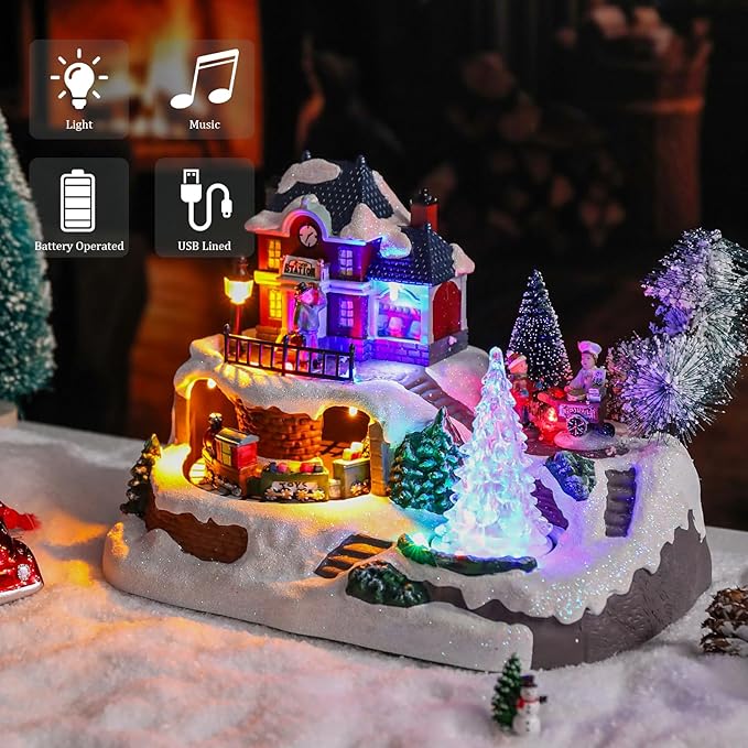 VCUTEKA Christmas Village Houses, Rotating Train with Crystal Tree and Peoples Lighted Musical Christmas Village Collectible Building for Xmas Indoor Decorations or Holiday Table Displays