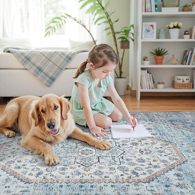 DCX Machine Washable Blue and Beige Area Rugs 5x7, Non Slip Stain Resistant Vintage Floral Rug for Living Room Bedroom Nursery, Soft Low Pile Large Carpet