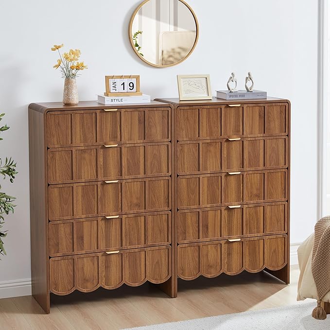 5 Drawer Dresser for Bedroom Set of 2, Modern Closet Chest of Drawers with Wave Fluted Drawer, Wood Storage Small Dresser Organizer for Nursery Bedroom Living Room Hallway Closet (Walnut)