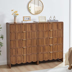 5 Drawer Dresser for Bedroom Set of 2, Modern Closet Chest of Drawers with Wave Fluted Drawer, Wood Storage Small Dresser Organizer for Nursery Bedroom Living Room Hallway Closet (Walnut)