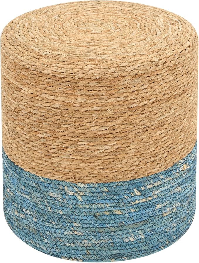 Pouf Ottomans, Handwoven Natural Straw Footstool, Round Braided Outdoor Patio Stool with Wood Frame, Boho Decor Accent Seat Balcony, or Garden (Blue)